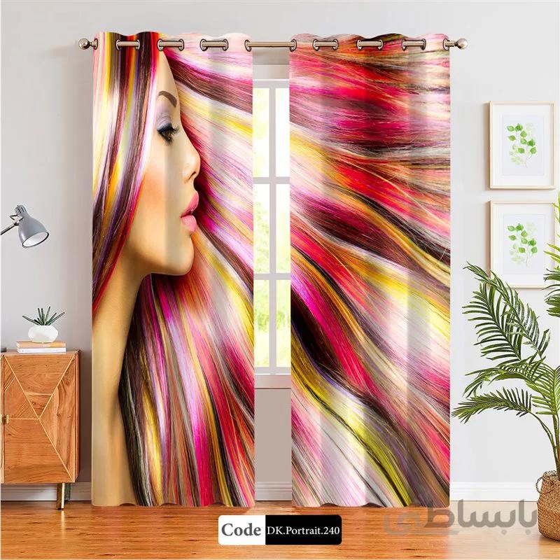 پرده پانچی (هازان و مخمل) کد DK.Portrait.240 طرح چهره زن با موهای رنگارنگ