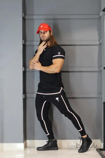 ست مشکی نوار یک سلامتی ا Men's viscose red t-shirt and shorts set