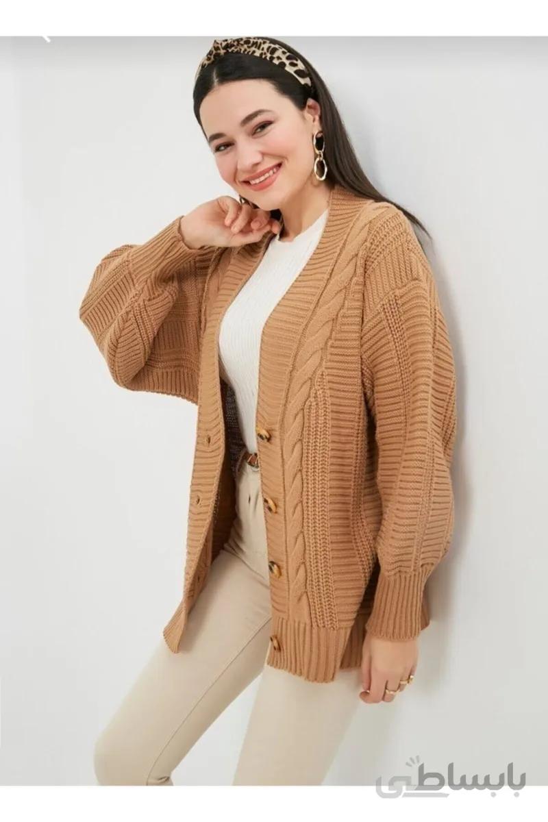 Nazende Stil راسو ژاکت کش باف پشمی گشاد طرح بافتنی زنانه