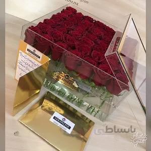 باکس شیشه ای لاکچری با 49 شاخه رز هلندی