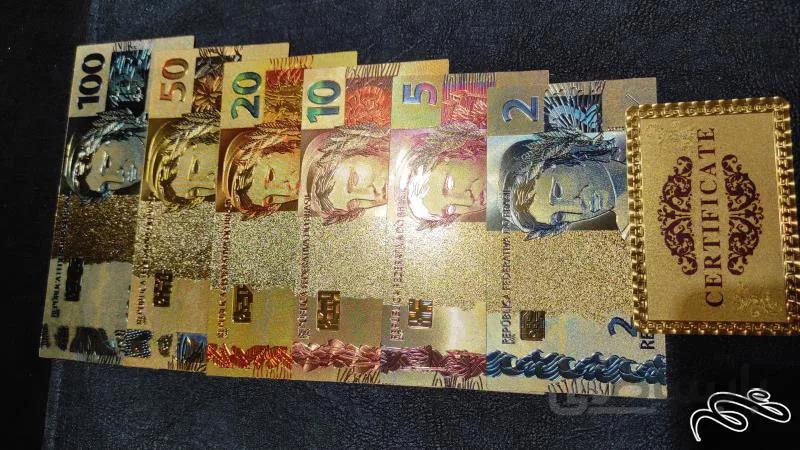 فول ست اسکناس طلایی و رنگی برزیل جدید اصلی با حک ۲۴K GOLD با سرتیفیکت