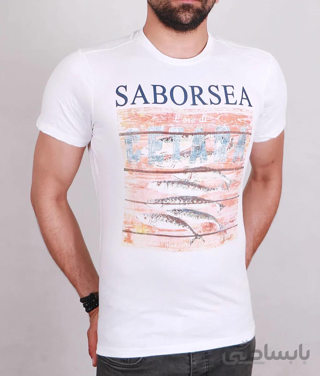 تیشرت یقه گرد مردانه سفید مدل SaborSea