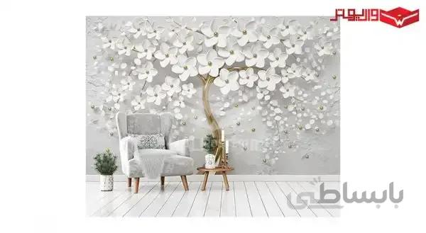 پوستر دیواری درخت طلایی و گل های سفید