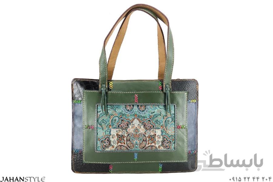 کیف دستی چرم طبیعی چهل تکه ترمه دوزی