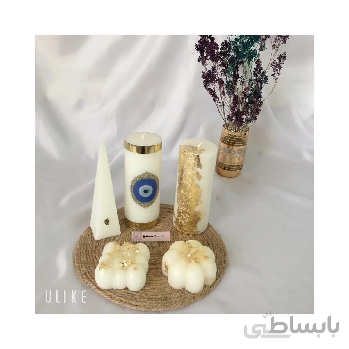 آلیناکندل – خرید شمع استوانه چشم نظر ست سفید و طلایی ا candle