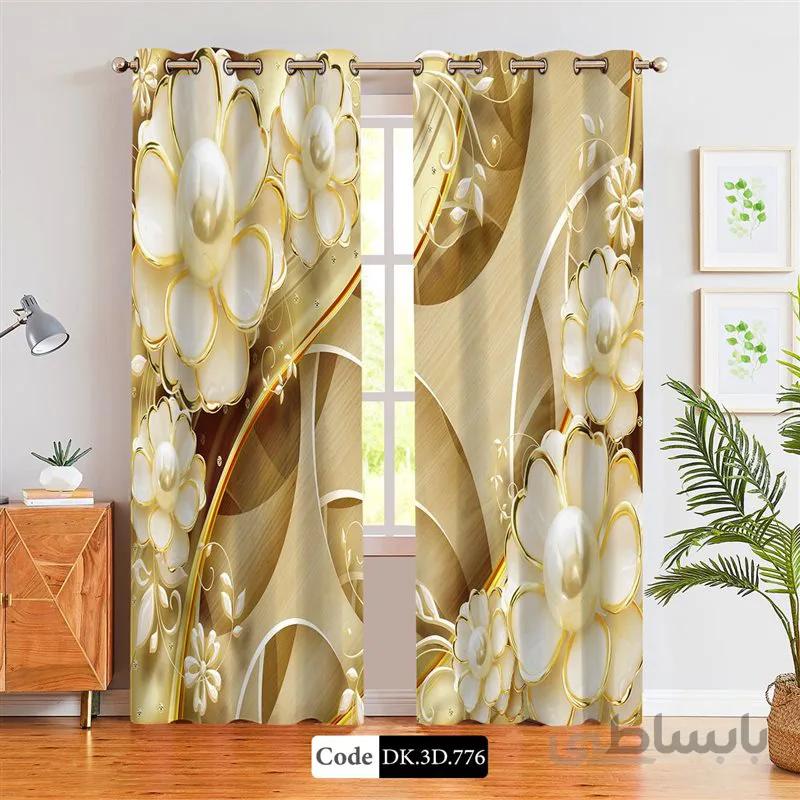 پرده پانچی (هازان و مخمل)کد DK.3D.776 طرح سه بعدی گل های طلایی و مروارید