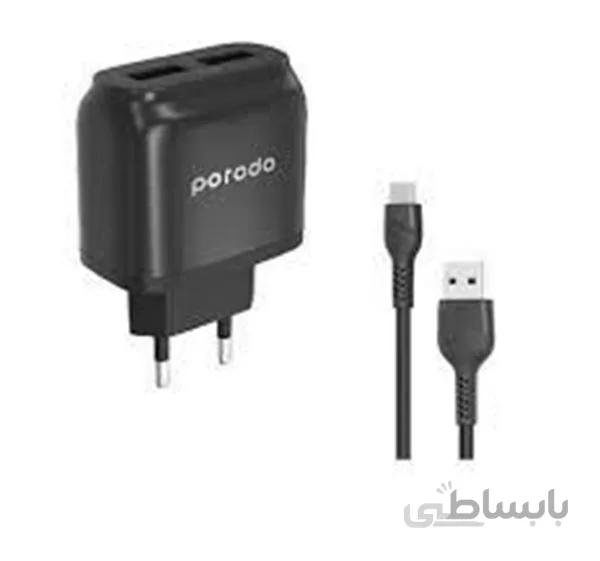 فست شارژر دیواری Type C پرودو با کابل 1.2 متر- Porodo Dual USB Wall Charger 2.4A with Improved Version PVC Type-C Cable 1.2m EU - Black