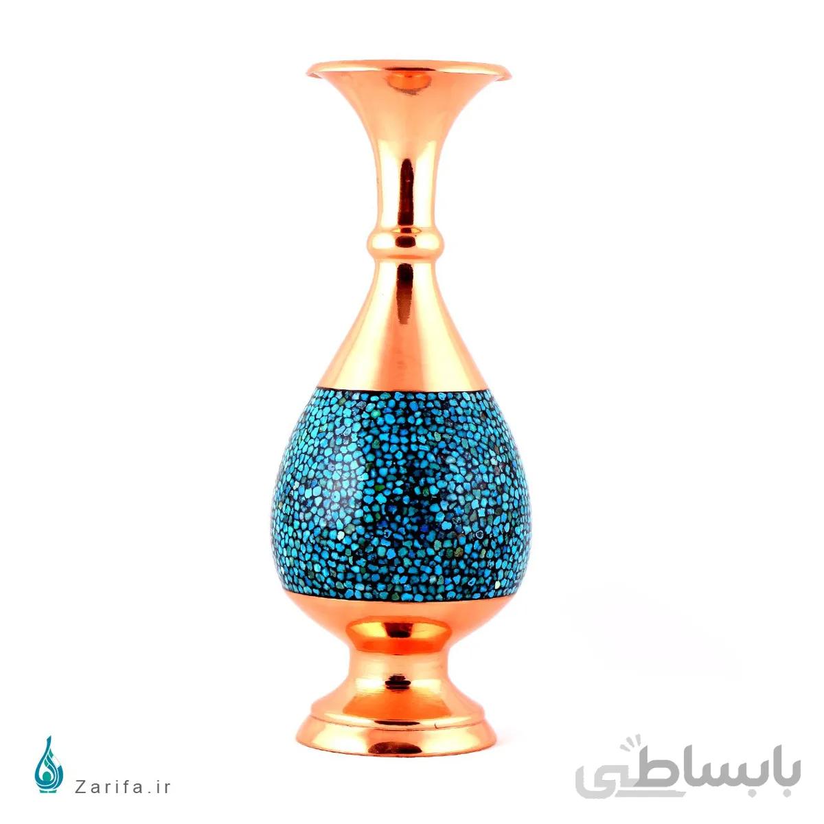 گلدان فیروزه کوب صراحی مسی ۳۰سانتی متری