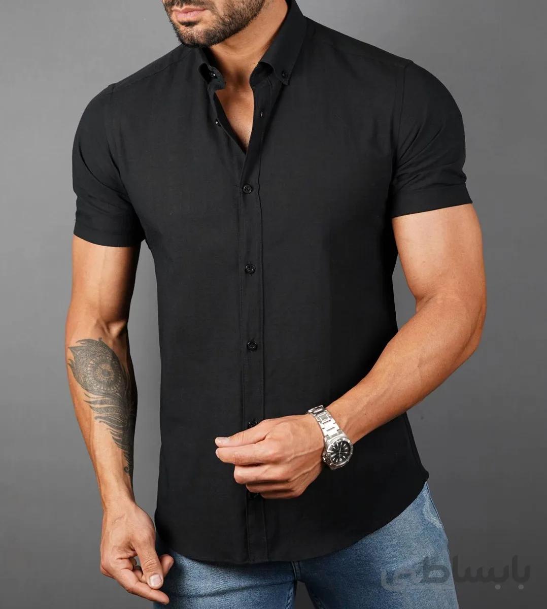 پیراهن نخی tommy Hilfiger یقه مردانه استین کوتاه ساده pn154