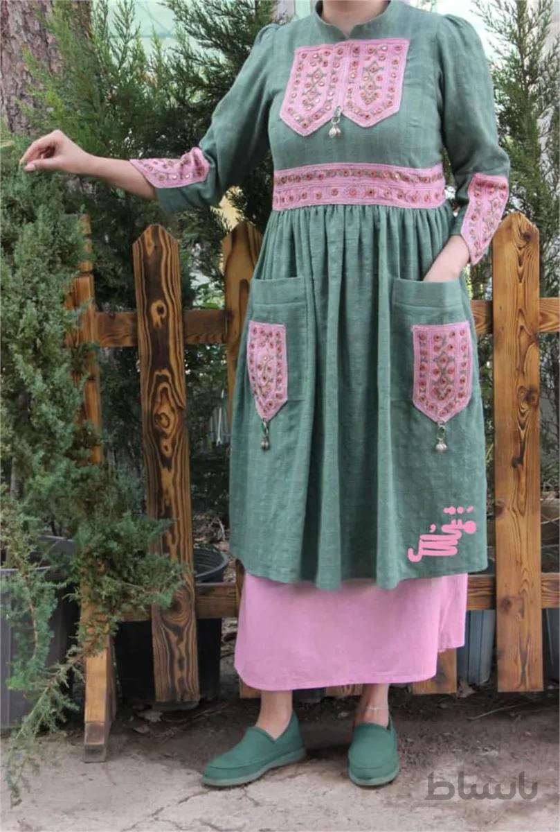 مانتو جلوبسته سنتی صورتی سبز ا Coat traditional, pink, green