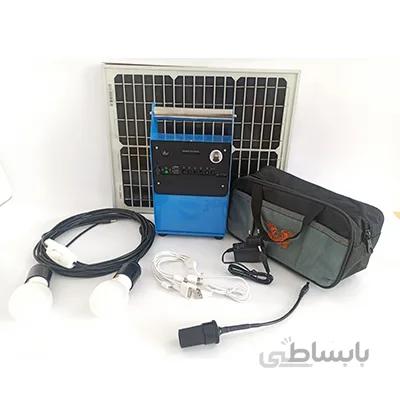 پکیج خورشیدی 20 وات دارای 2 لامپ 3 وات مناسب روشنایی و شارژ موبایل