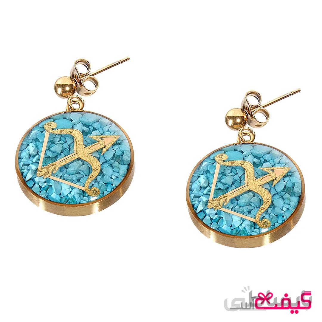 گوشواره سنگ اونیکس و ورق طلا طرح ماه آذر