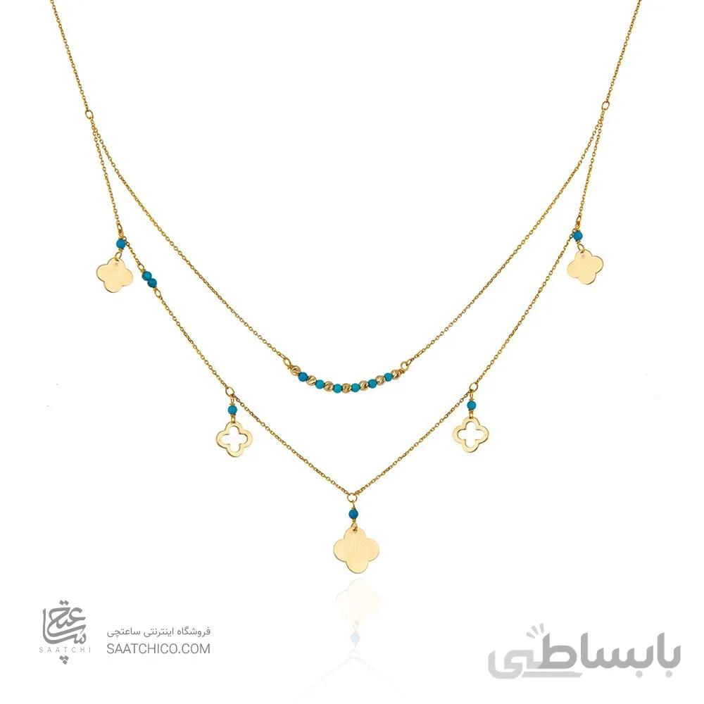 گردنبند طلا زنانه با پولکی طرح ونکلیف و سنگ فیروزه کد XN308