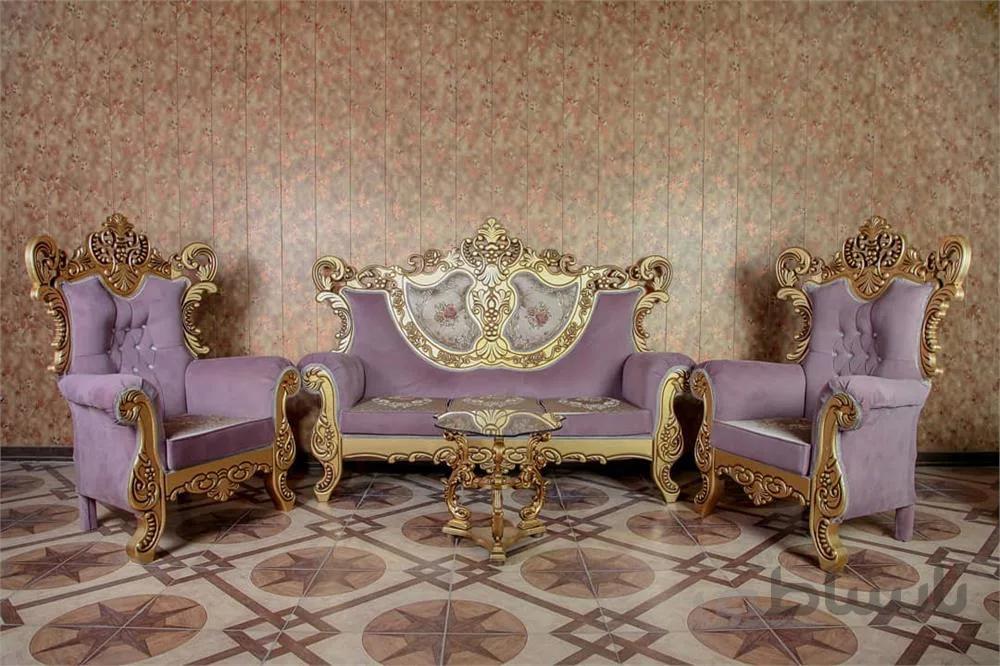 مبل مدل دوقلب با نمای ام دی اف ،رنگ نما استخوانی و طلایی و پارچه اونتوس و ملیتا ا Double heart sofa with MDF facade, bone and gold facade color and Ontus and Melita fabric