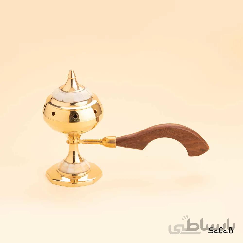 اسپند دود کن برنجی و صدفی طلایی دسته چوبی مدل کرو سایز 2