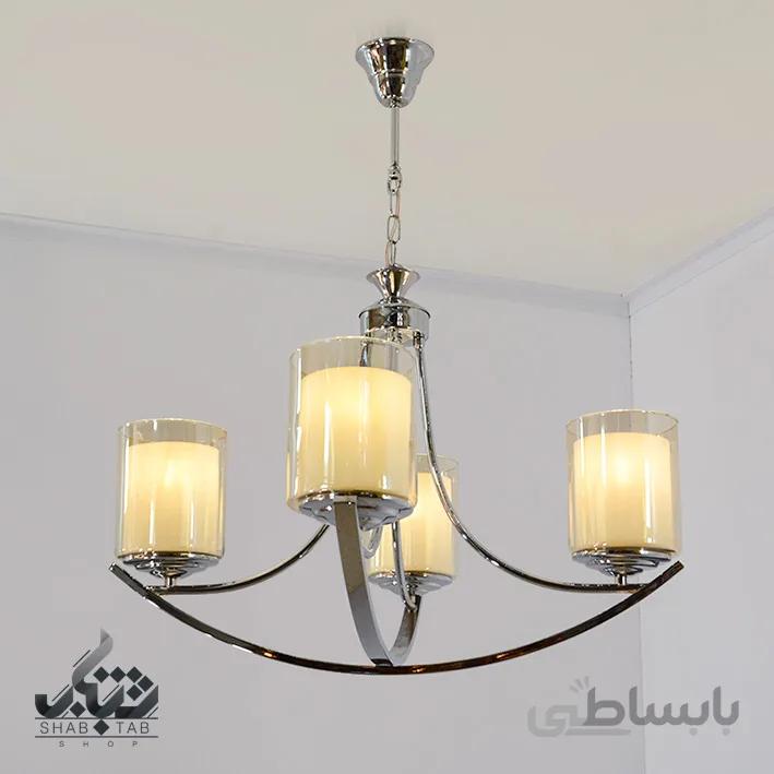 لوستر آویز چهار شعله شب تاب مدل قایقی مدرن کروم با حباب
