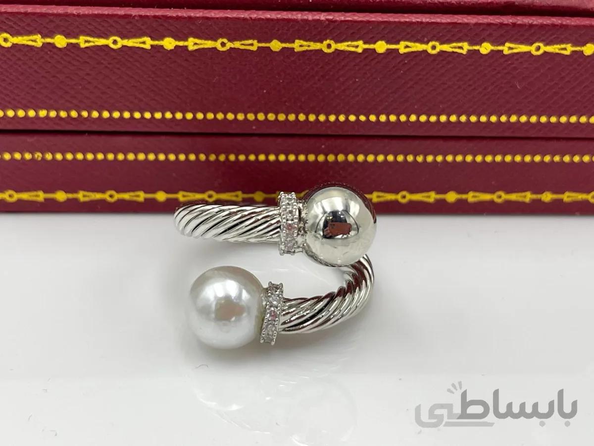 انگشتر مفتولی نقره ای مروارید و گوی