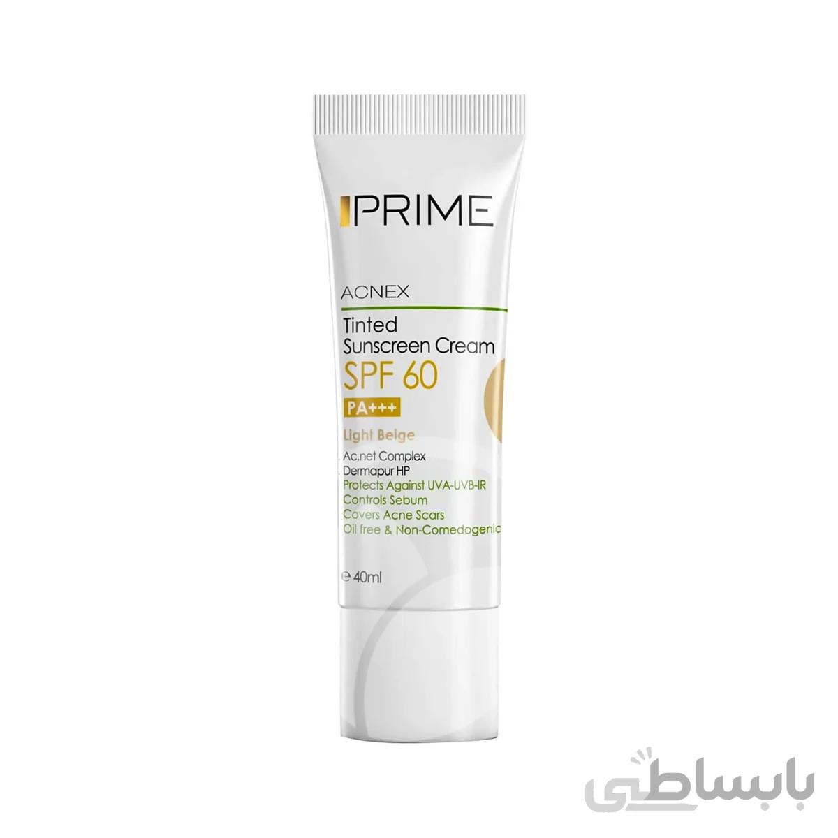 کرم ضد آفتاب مناسب پوست چرب SPF60 رنگ بژ روشن پریم 40 میلی لیتر ا Prime Acnex Sunscreen Cream light beige SPF60 40 ml