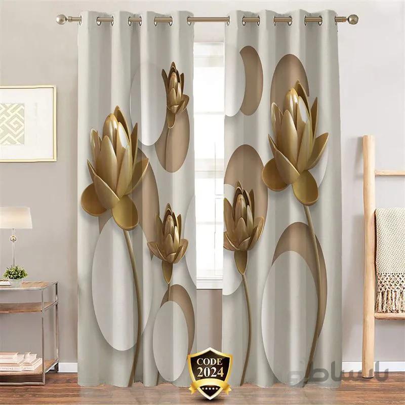 پرده پانچی کد 2024-3d-b طرح سه بعدی گل مرداب نسکافه ای