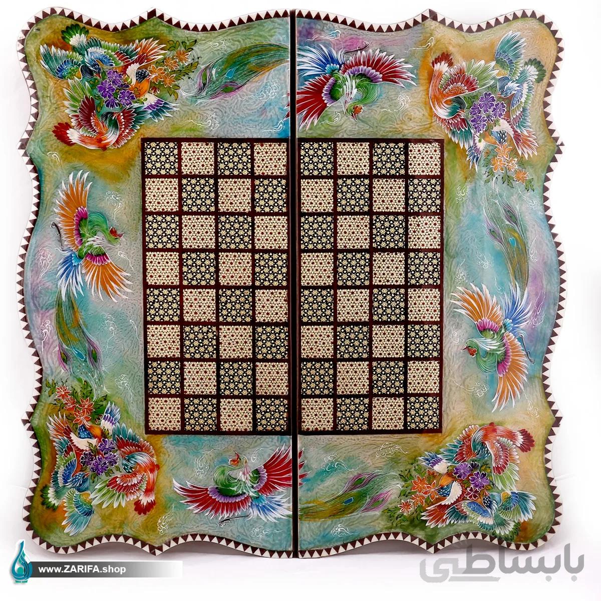 تخته نرد و شطرنج خاتم با نگارگری سیمرغ بر زمینه صدف دالبری ۵۰*۵۰