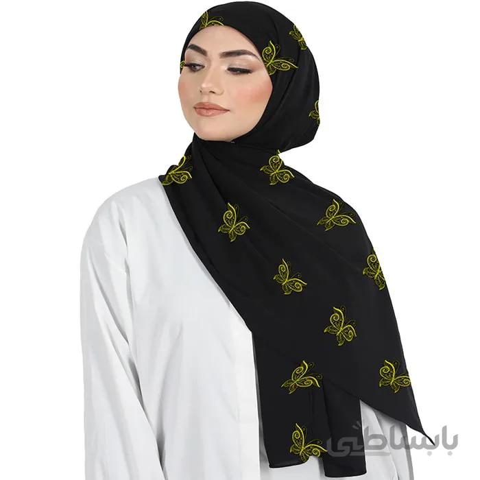 شال حریر مشکی گلدوزی پروانه زرد