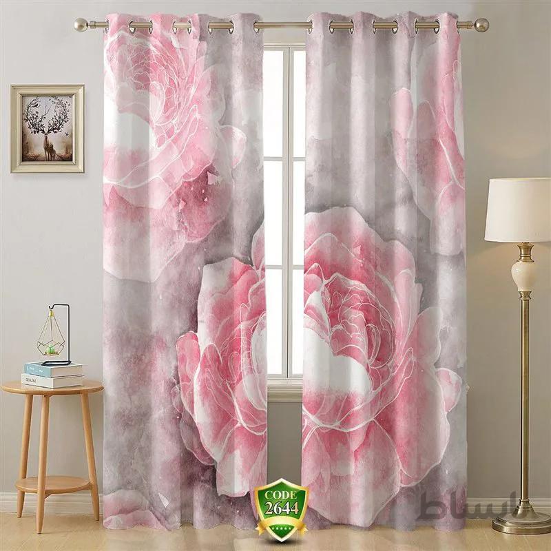 پرده پانچی کد 2644-3d-b طرح سه بعدی گل صورتی طوسی