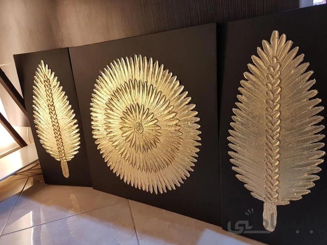 تابلو نقاشی مدرن برجسته سه تیکه گل و برگ