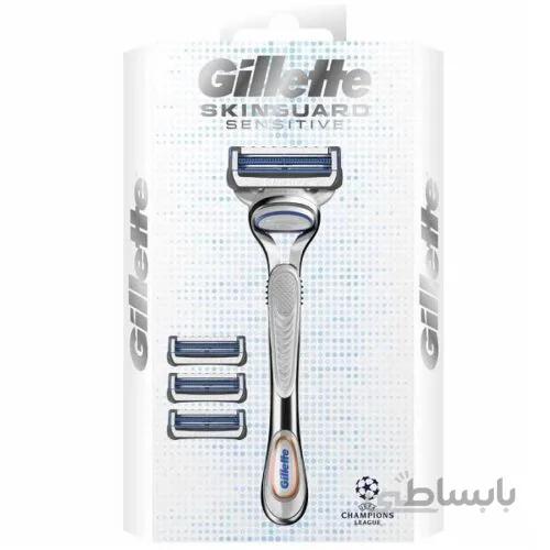 تیغ اصلاح مردانه ژیلت مدل Skinguard Sensitive اصل انگلیس | مناسب پوست حساس یک دسته + ۳ سری ژیلت ا Gillette SkinGuard Men's Razor and Razor Blades for Sensitive Skin , 1 Razor + 3 Blades