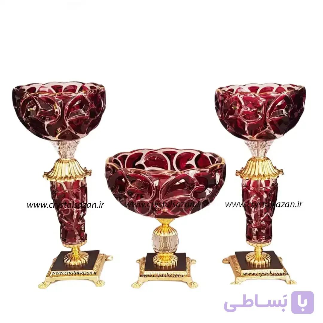 سه تیکه میوه خوری و شمعدان کریستال سازان مدل استون کد CS1175