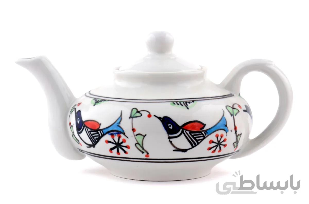 قوری عدسی بزرگ چینی میبد مروارید نقش مرغی رنگی