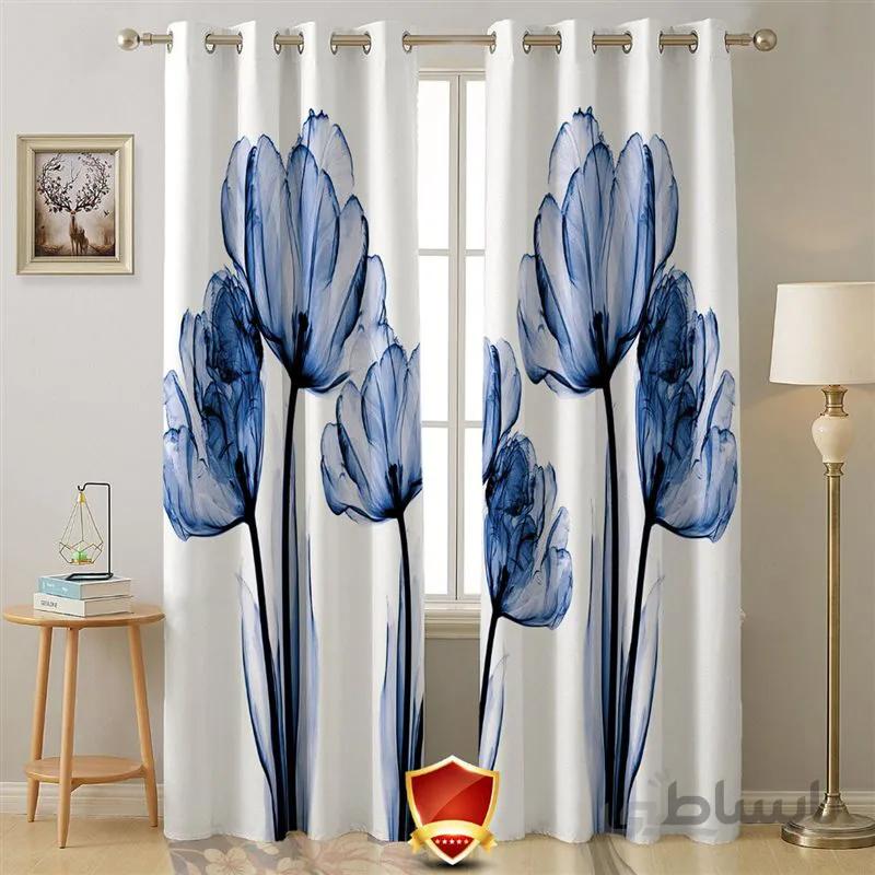پرده پانچی کد 06-3d-ba طرح سه بعدی گل جوهری آبی