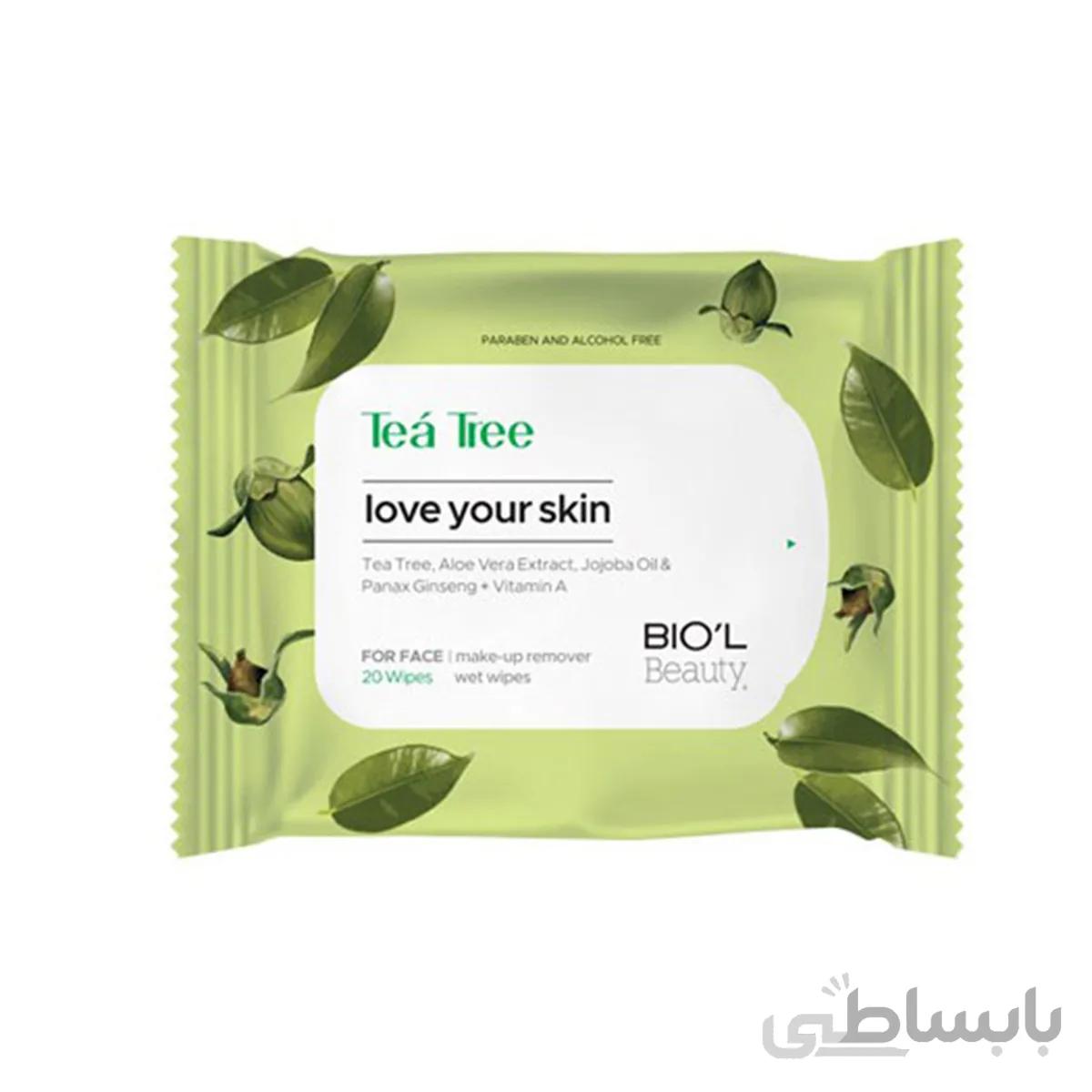 دستمال مرطوب پاک کننده آرایش صورت روغن درخت چای بیول مناسب پوست چرب