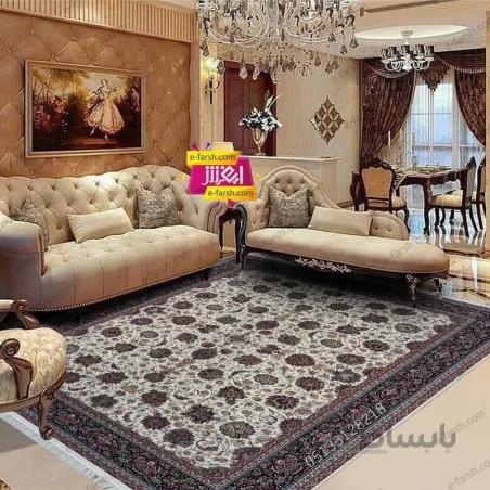 فرش ماشینی زمرد مشهد طرح 25010 کرم با حاشیه سورمه ای