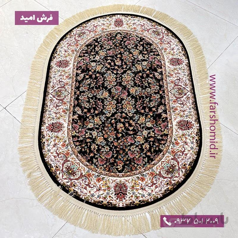 فرش ماشینی بیضی 1200 شانه طرح گل فرنگ سرمه ای فرش محتشم (هدیه)