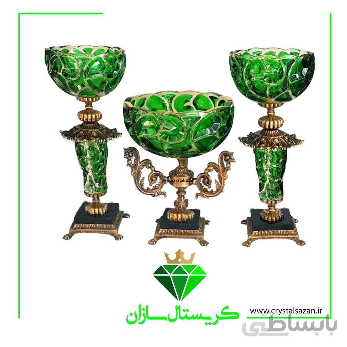 سه تیکه میوه خوری و شمعدان مدل استون کریستال سازان سبز رنگ کد CS1176