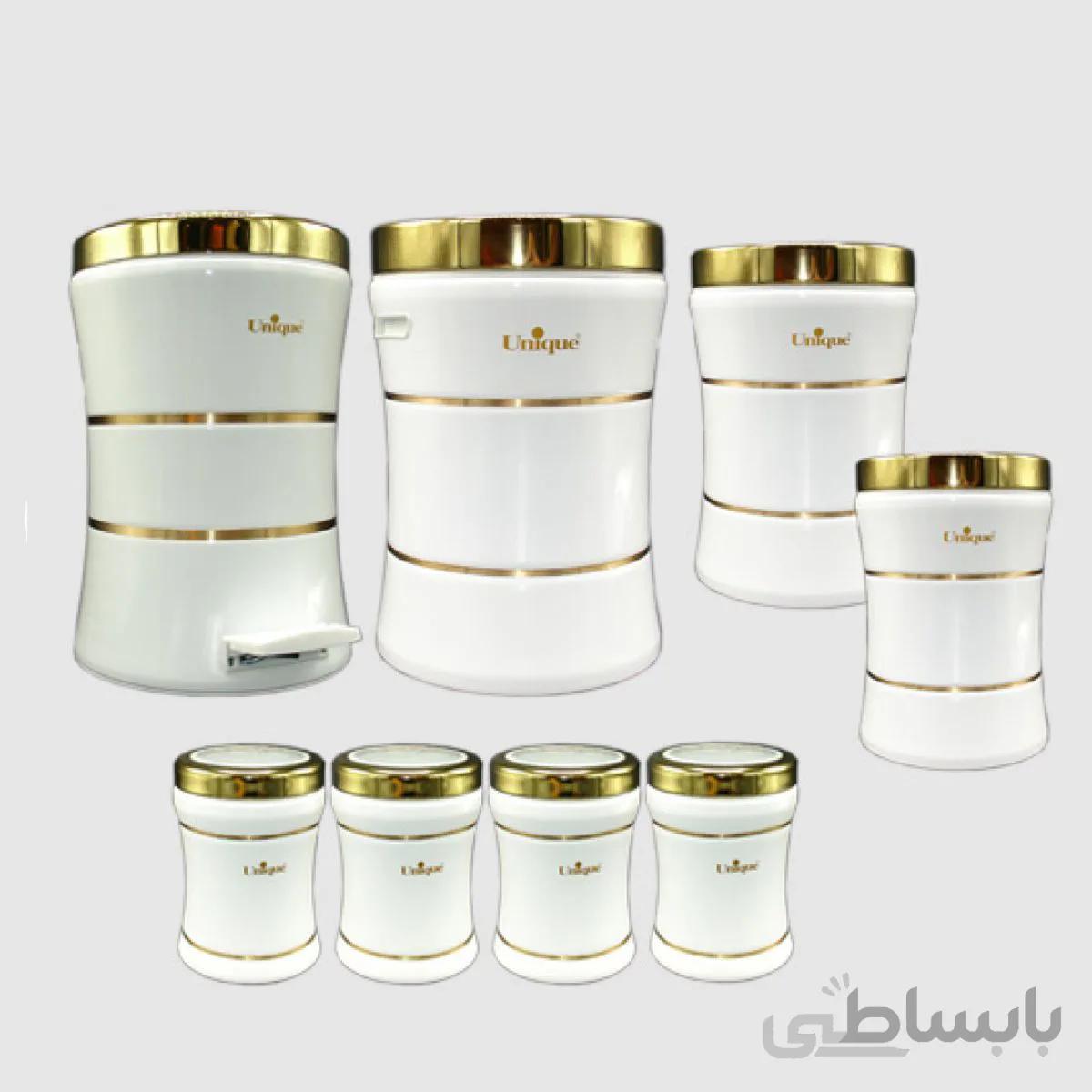 سرویس آشپزخانه 8 پارچه کمر باریک سفید طلایی یونیک کد 4596