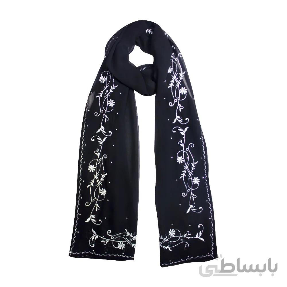 شال حریر مشکی گلدوزی گل نقره ای