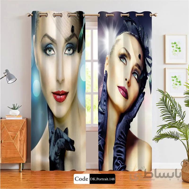پرده پانچی (هازان و مخمل) کد DK.Portrait.148 طرح چهره زن با کلاه تور