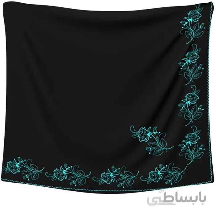 روسری حریر مشکی گلدوزی گل رز آبی