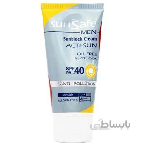 ضد آفتاب فاقد چربی آقایان SPF40 سان سیف ا Men Sunblock Cream Acti Sun SPF40 50ml SUNSAFE