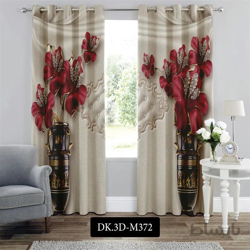 پرده پانچی (هازان و مخمل)کد DK.3D.M372 طرح سه بعدی گل های طلایی قرمز