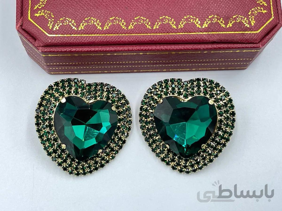 گوشواره سبز طرح قلب نگین کاری