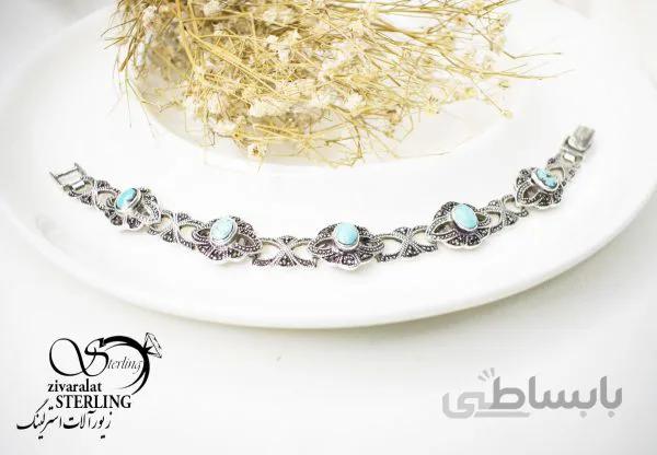 دستبند نقره زنانه سیاه قلم با سنگ فیروزه نیشابور معدنی دایره