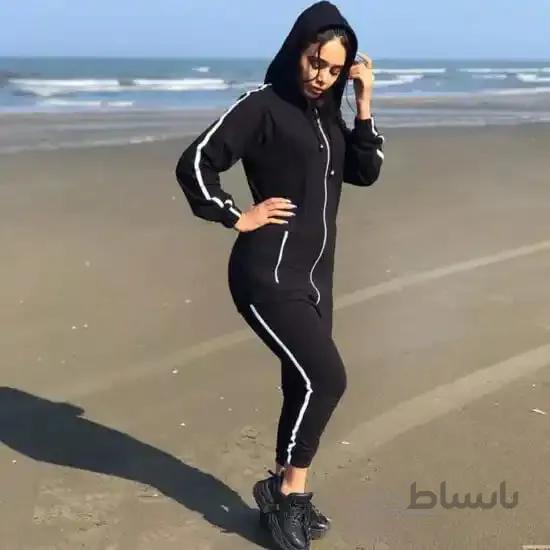 ست زنانه کد 031 هودی و شلوار طرح تک خط جنس دورس رنگ مشکی