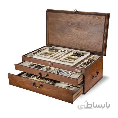 سرویس قاشق و چنگال 12 نفره ناب استیل طرح فلورانس دور طلایی (124 پارچه) بعلاوه کنسول چوبی ا Nab-Steel Florence Steel Round Gold Cutlery Set 124 Pieces