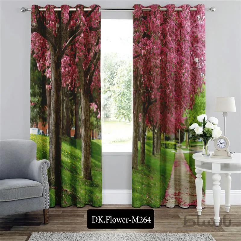 پرده پانچی (هازان و مخمل)کد DK.Flower.M264 طرح گل و منظره شکوفه های صورتی