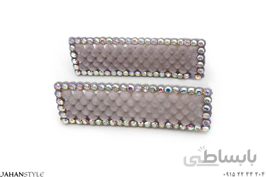 گیره انبری مخمل طوسی نگین دار