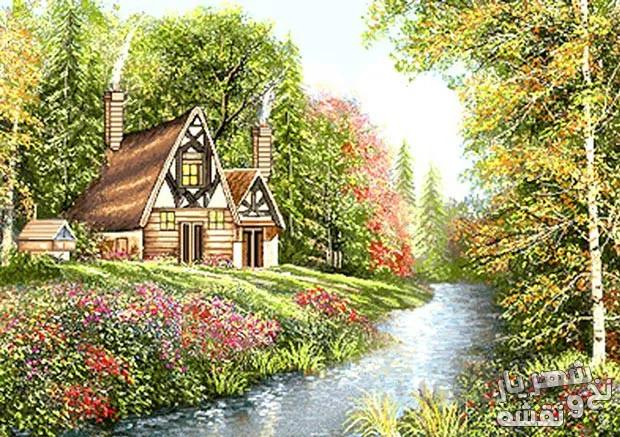 نخ و نقشه تابلو فرش منظره رودخانه و کلبه - 582