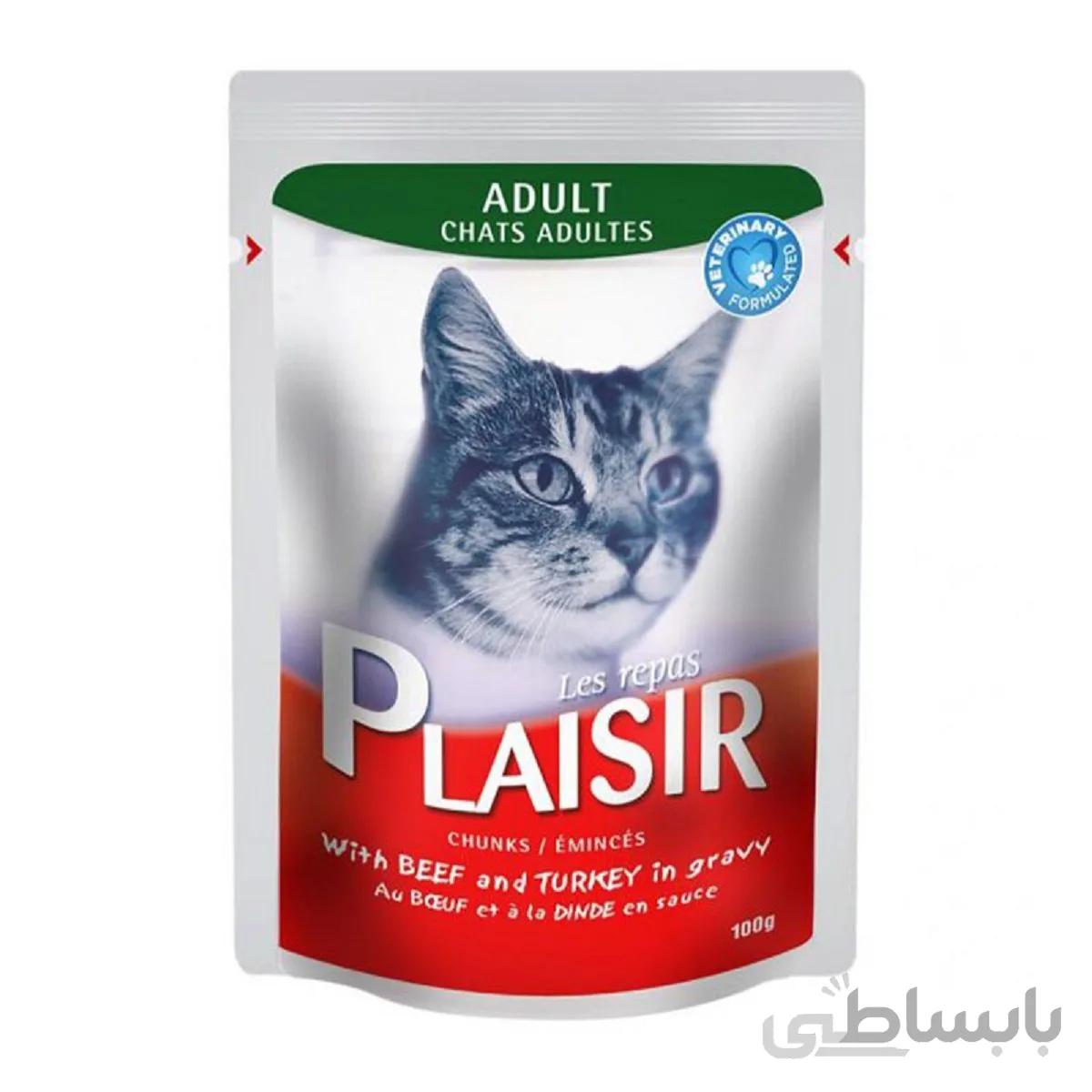 پوچ گربه ۱۰۰گرمی plaisir با طعم گوشت و بوقلمون