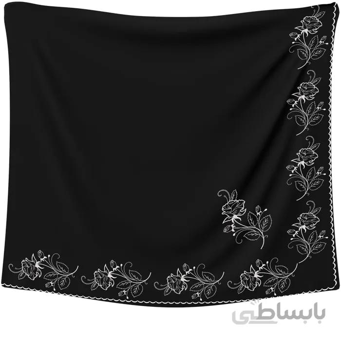 روسری حریر مشکی گلدوزی گل رز نقره ای